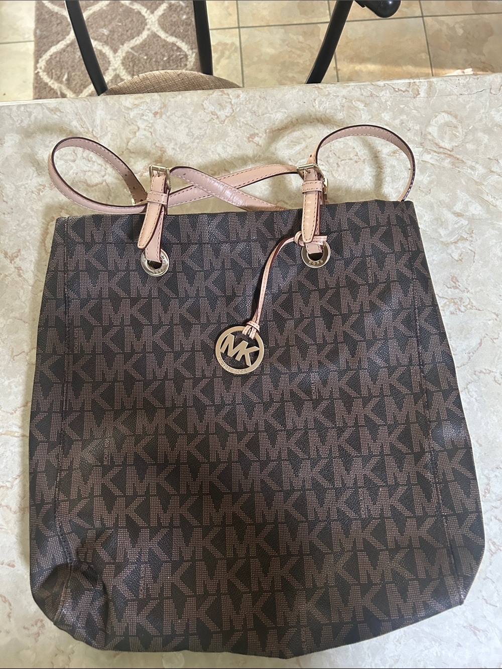MICHAEL Michael Kors Brown Logo Tote with Pink Trim and Gold Charm